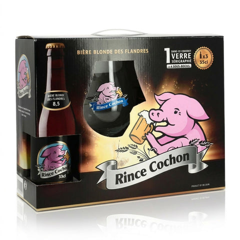 Professionele foto van rince cochon blond 3fl+glas - Professionele foto van Rince Cochon Blond geschenkverpakking - Rudy ampe